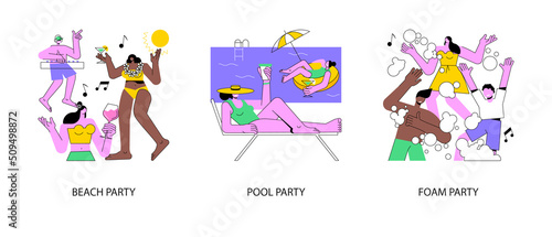 Summer event abstract concept vector illustration set. Beach party, swimming pool dance, foam party entertainment, swimming suits, bikini, dance floor, flamingo inflatable circle abstract metaphor.