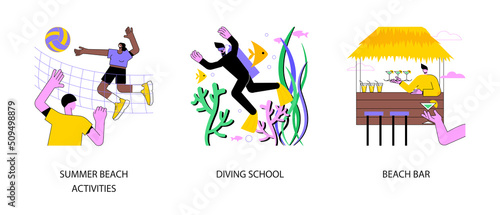 Summer resort abstract concept vector illustration set. Beach activities, surfing and diving school, beach bar, sea coast restaurant, water sport, scuba diver, tropical cocktail abstract metaphor.