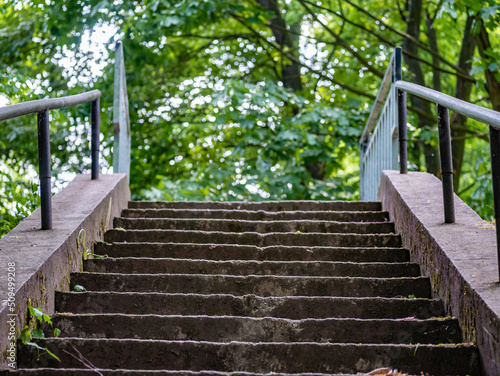 Fototapeta Naklejka Na Ścianę i Meble -  schody w parku pośrodku drzew, zielony klimat zachodnia polska