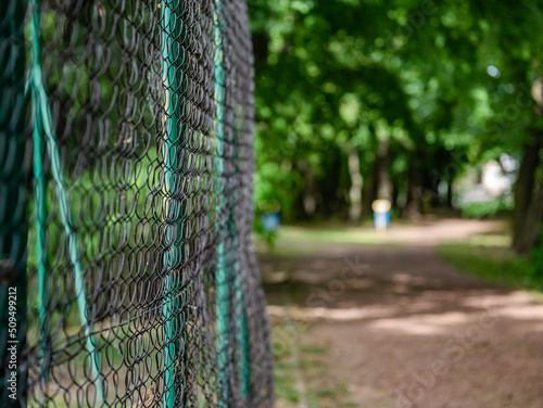 siatka w parku pośród drzew ogrodzenie boiska sportowego, zielone tło letni klimat zachodnia Polska
