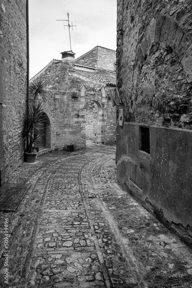 Fototapeta premium Black and white view of an old alley in the village of Spello (Umbria Region, Central Italy), a medieval village, famous for a flower country fair, named Infiorata (held yearly, between May and June).