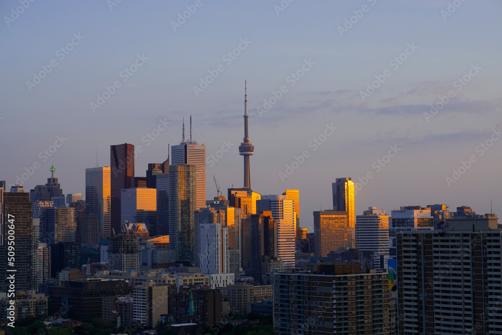 28,05,2022 Toronto, Canada.  View of modern buildings at sunset in downtown Toronto, Ontario.