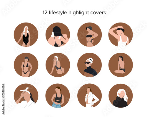 Boho women blog beauty lifestyle highlight covers social media. Abstract fashion silhouettes.
