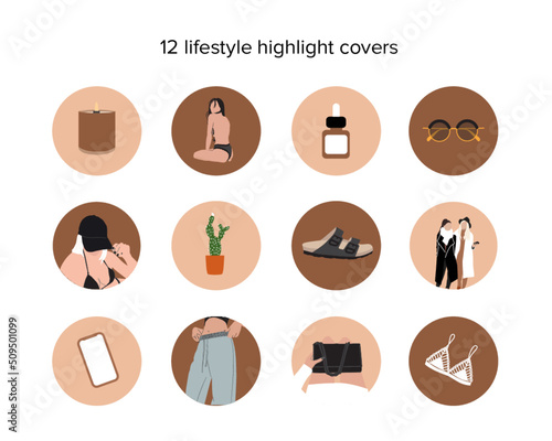 Boho blog beauty lifestyle social media covers. Abstract fashion silhouettes, woman highlights. Vector contemporary art illustration.