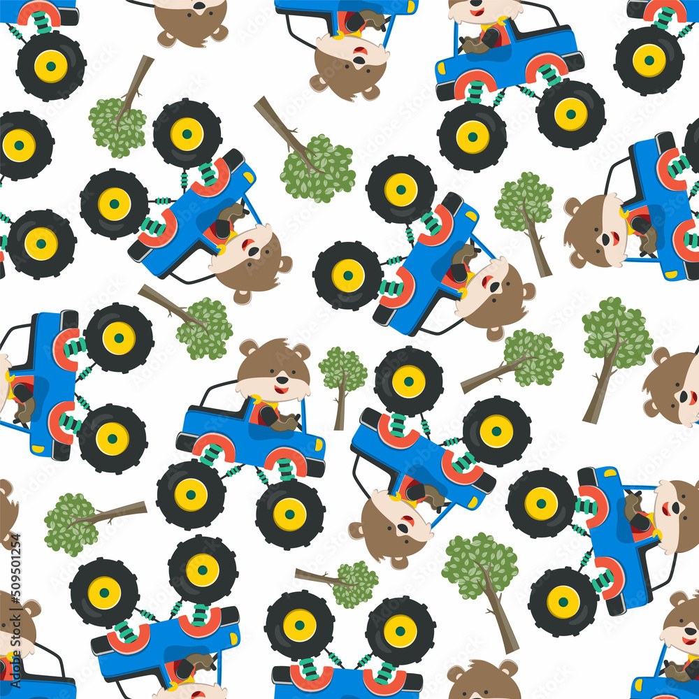 Seamless pattern vector of monster truck with animal driver. Creative vector childish background for fabric textile, nursery background, baby clothes, poster, wrapping paper and other decoration. Seamless pattern vector of monster truck with animal driver. Creative vector childish background for fabric textile, nursery background, baby clothes, poster, wrapping paper and other decoration.