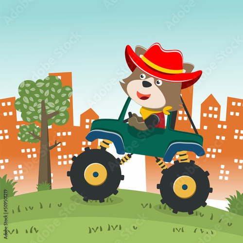 Vector illustration of monster truck with funny animal driver. Can be used for t-shirt print, kids wear fashion design, invitation card. fabric, textile, nursery wallpaper, poster and other decoration © Hijaznahwani