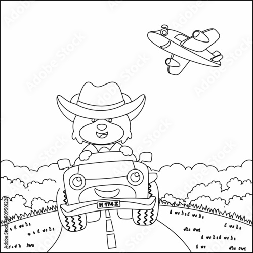 Cute little fox cartoon having fun driving off road car on sunny day. Cartoon isolated vector illustration, Creative vector Childish design for kids activity colouring book or page.