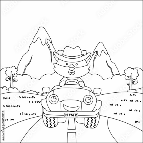Cute little fox cartoon having fun driving off road car on sunny day. Cartoon isolated vector illustration, Creative vector Childish design for kids activity colouring book or page.