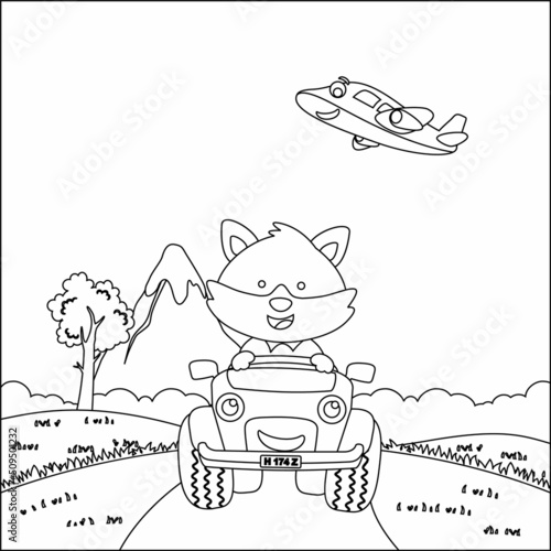 Cute little fox cartoon having fun driving off road car on sunny day. Cartoon isolated vector illustration, Creative vector Childish design for kids activity colouring book or page.