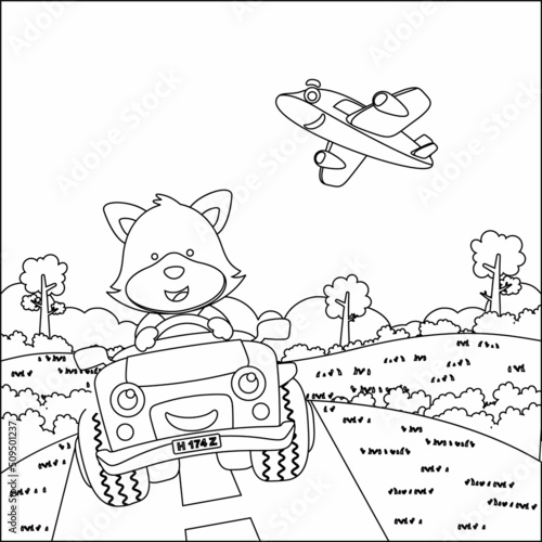 Cute little fox cartoon having fun driving off road car on sunny day. Cartoon isolated vector illustration, Creative vector Childish design for kids activity colouring book or page.