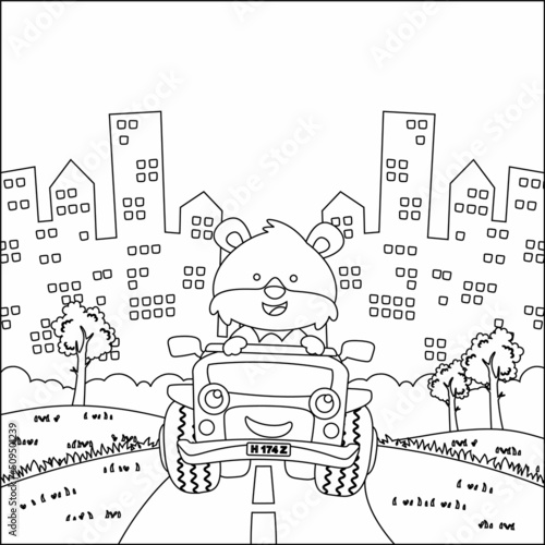 Cute little fox cartoon having fun driving off road car on sunny day. Cartoon isolated vector illustration, Creative vector Childish design for kids activity colouring book or page.