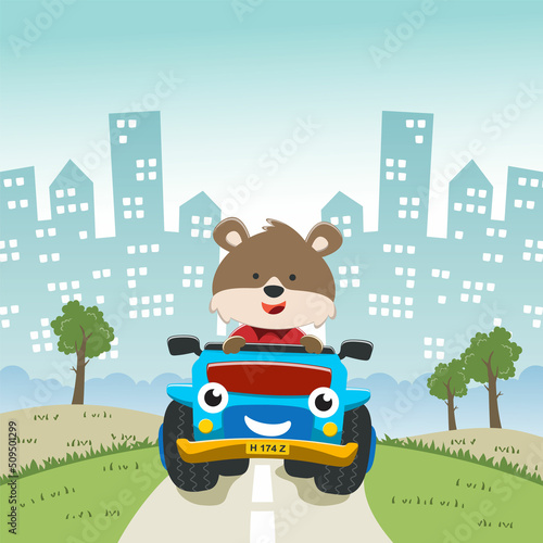 Vector illustration of cute little fox on a truck go to forest  Can be used for t-shirt print  kids wear  invitation card. fabric  textile  nursery wallpaper  poster and other decoration.