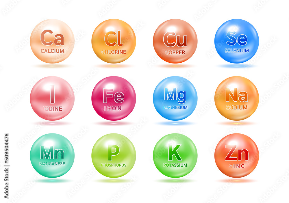 Minerals and Vitamin complex supplement set. Medical concept. Isolated