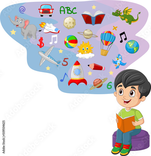 Little boy reading a book. Imagination concept illustration