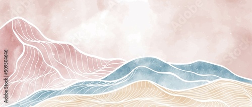 Creative minimalist modern paint and line art print. Abstract ocean wave and mountain contemporary aesthetic backgrounds landscapes. with sea, skyline, wave. vector illustrations