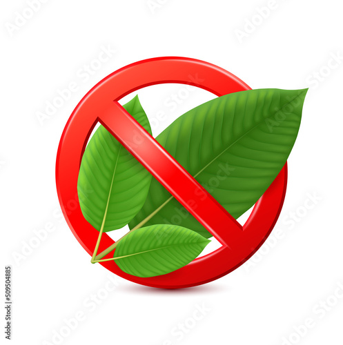 Green Kratom leaf (Mitragyna speciosa) inside red banned sign. Prohibition sign 3D isolated on white background. Prohibition symbol template icon vector EPS10 Illustration.