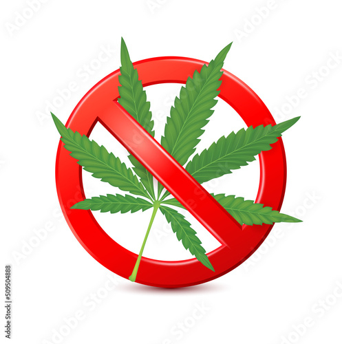 Green marijuana leaf inside red banned sign. Stop marijuana. Prohibition sign 3D isolated on white background. Prohibition symbol template icon vector EPS10 Illustration.