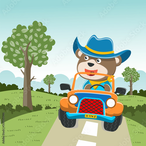 Cute bear driving off road car go to forest funny animal cartoon. Creative vector childish background for fabric, textile, nursery wallpaper, poster, card, brochure. and other decoration.