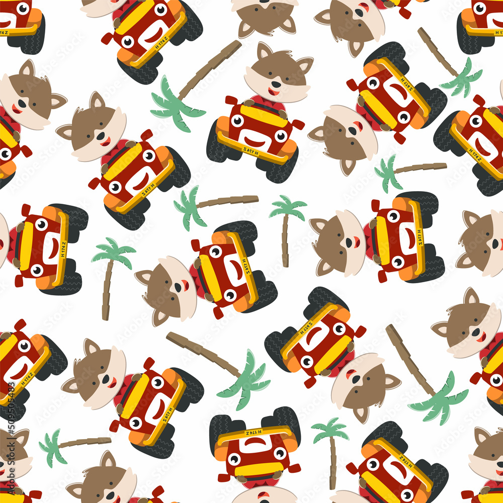 Obraz premium Seamless pattern vector of cute little fox driving monster truck. Creative vector childish background for fabric textile, nursery background, baby clothes, poster, wrapping paper and other decoration.