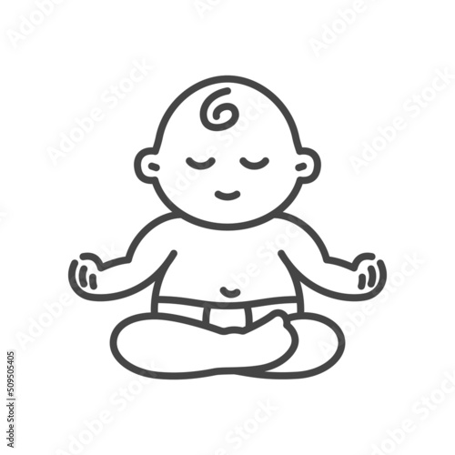Cute baby meditating in Lotus pose for yoga studio emblem logotype design template.