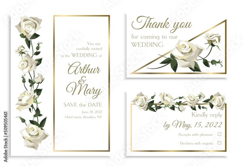 Elegant wedding invitation card template set with white roses, golden border and greenery