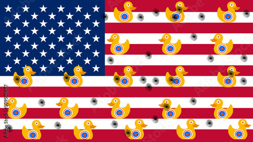 Carnival shooting galley ducks are seen on a USA flag as a background in a 3-d illustration about guns in America.