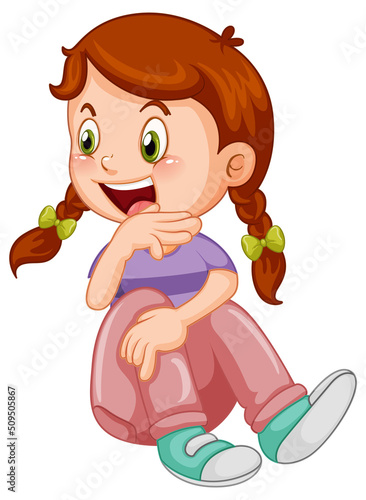 Happy girl cartoon character sitting on white background