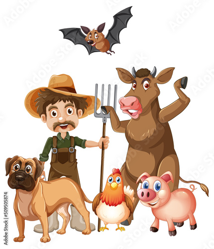 Farmer and many animals on white background