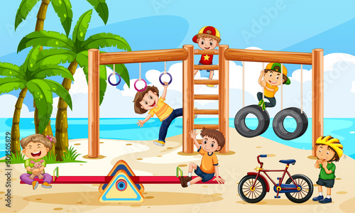 Beach playground with happy children