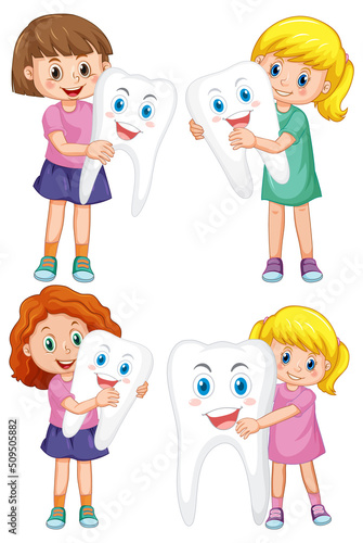 Set of happy kids holding a big tooth on white background
