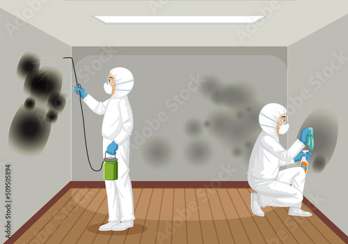 Man in protective hazmat suit cleaning mold on the wall