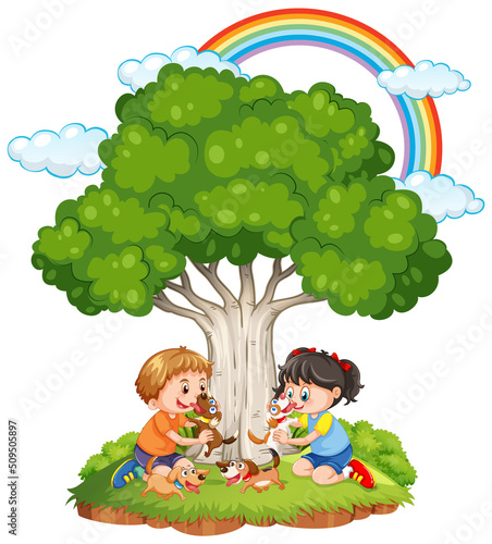 Children playing with their pet
