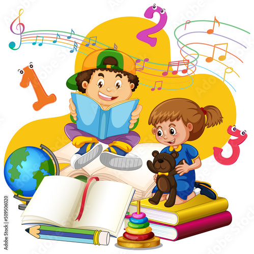 Boy and girl are reading books on a stack of books