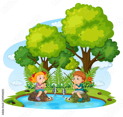 Happy children fishing in pond