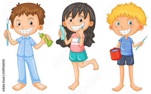 Set of children cartoon character with dental care