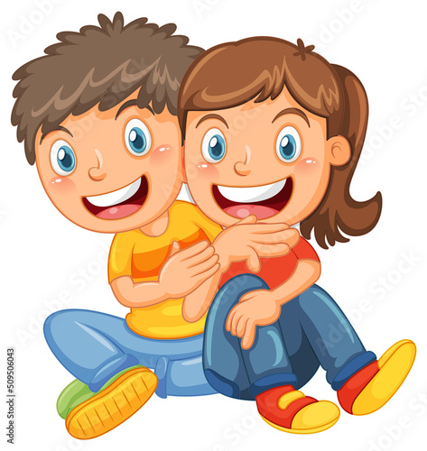 Happy young couple sitting on white background