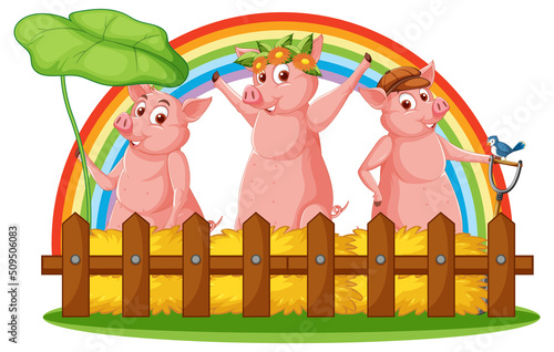 Cartoon three little pigs with rainbow background