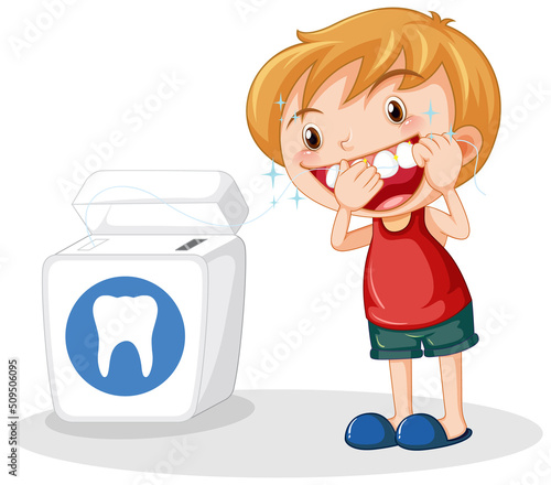 Cute boy cartoon character flossing teeth