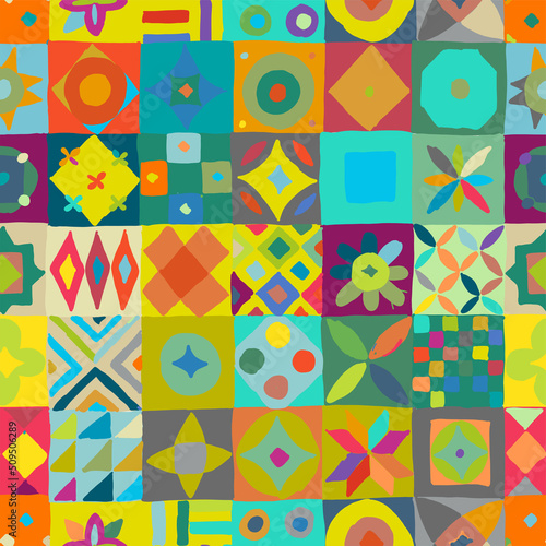 Talavera pattern. Indian patchwork. Turkish ornament. Moroccan tile mosaic. Spanish decoration. Ethnic background. Seamless pattern for your design