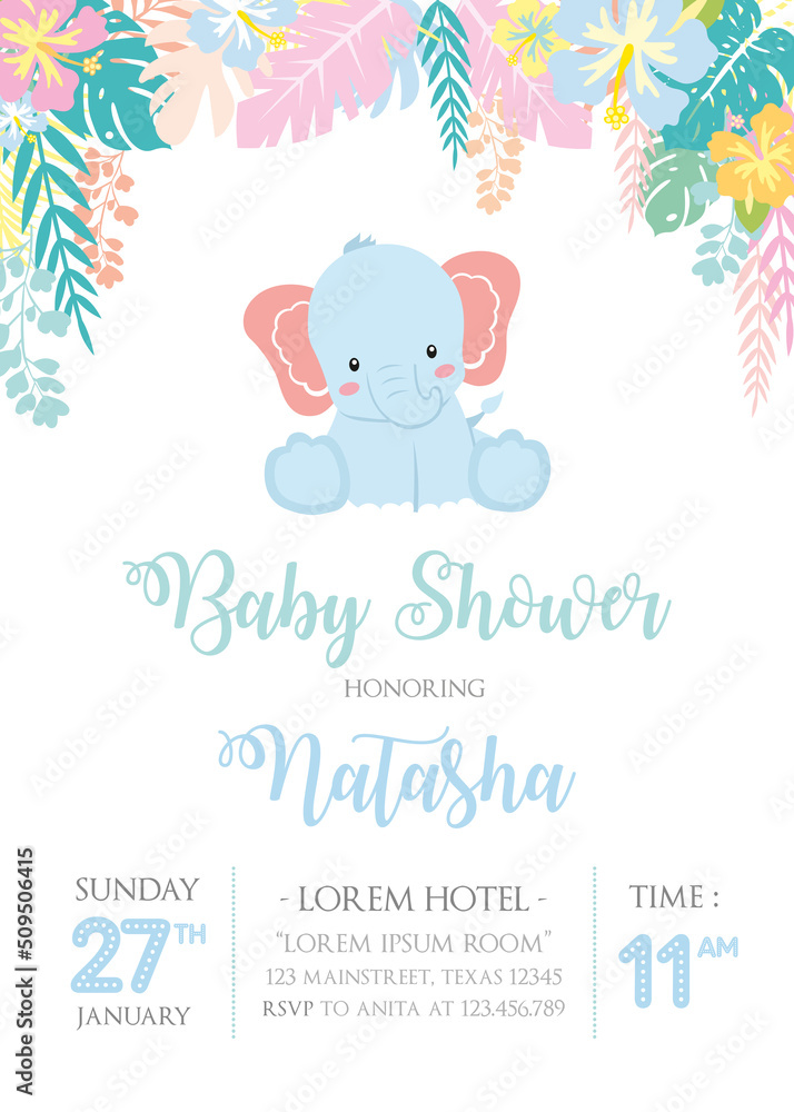 Fototapeta premium Baby shower invitation with cute elephant