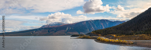 Road trip views along the Alaska Highway in fall season with stunning scenery in Yukon Territory. 
