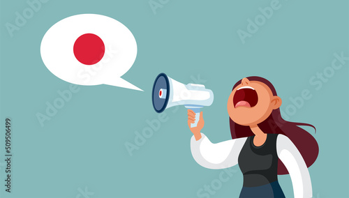 Woman Holding a Megaphone Speaking Japanese Language Vector Cartoon. Cheerful teacher announcing foreign language classes
