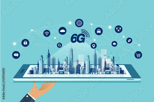 6G technology concept. modern city and communication 6g network connection concept with smartphone. high-speed mobile Internet, new generation networks. mixed media. vector design