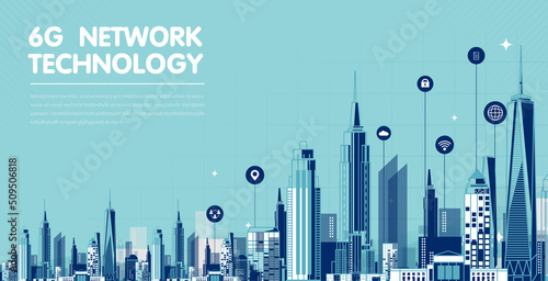 6G technology concept. network technology in city life concept background. global connection and internet network concept, new generation networks. vector design photo