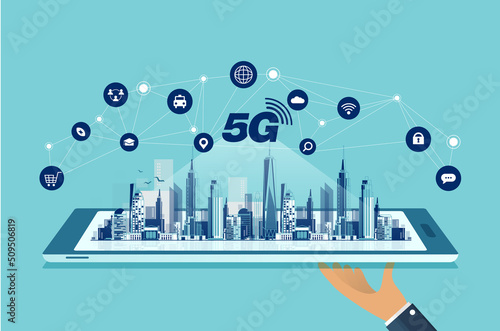 6G technology concept. modern city and communication 6g network connection concept with smartphone. high-speed mobile Internet, new generation networks. mixed media. vector design