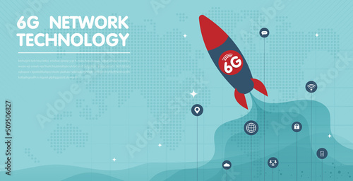 6G fast like a rocket with icons technology wireless data transmission. global connection and internet network concept. vector design