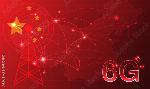 Chinese flag for technology 6G technology wireless data transmission, Information flow modern network connection concept background. global connection and internet network concept. vector design