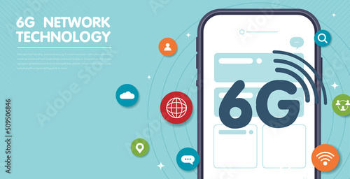 6G technology concept. modern city and communication 6g network connection concept with smartphone. high-speed mobile Internet, new generation networks. mixed media. vector design