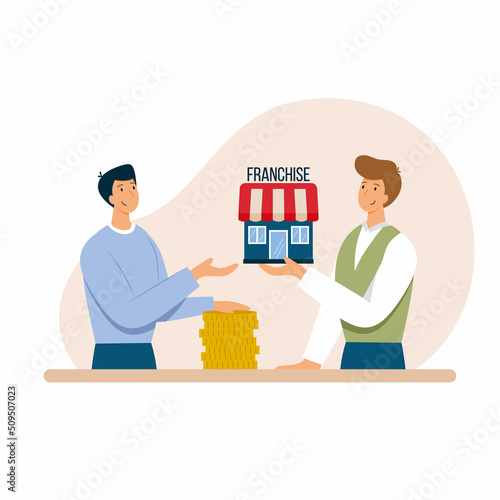 Businessman makes deal. Sale and purchase of franchise. Franchising system. Buyout of company. Vector character in cartoon style.