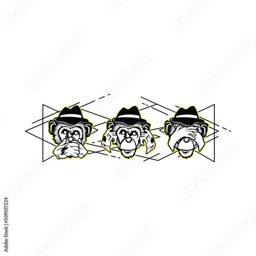 Tattoo art sketch monkey, ears closed, eyes closed, closed mouth black and white premium vector